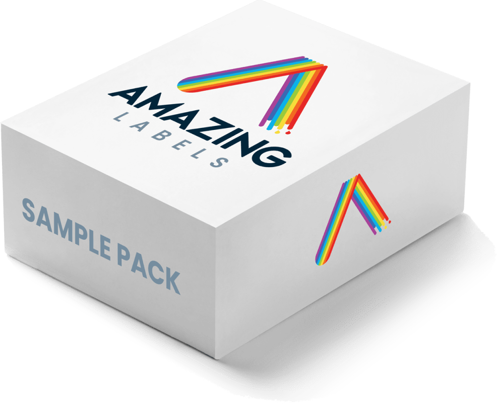 Label printing sample pack in a white box with logo that reads Amazing Labels with a rainbow