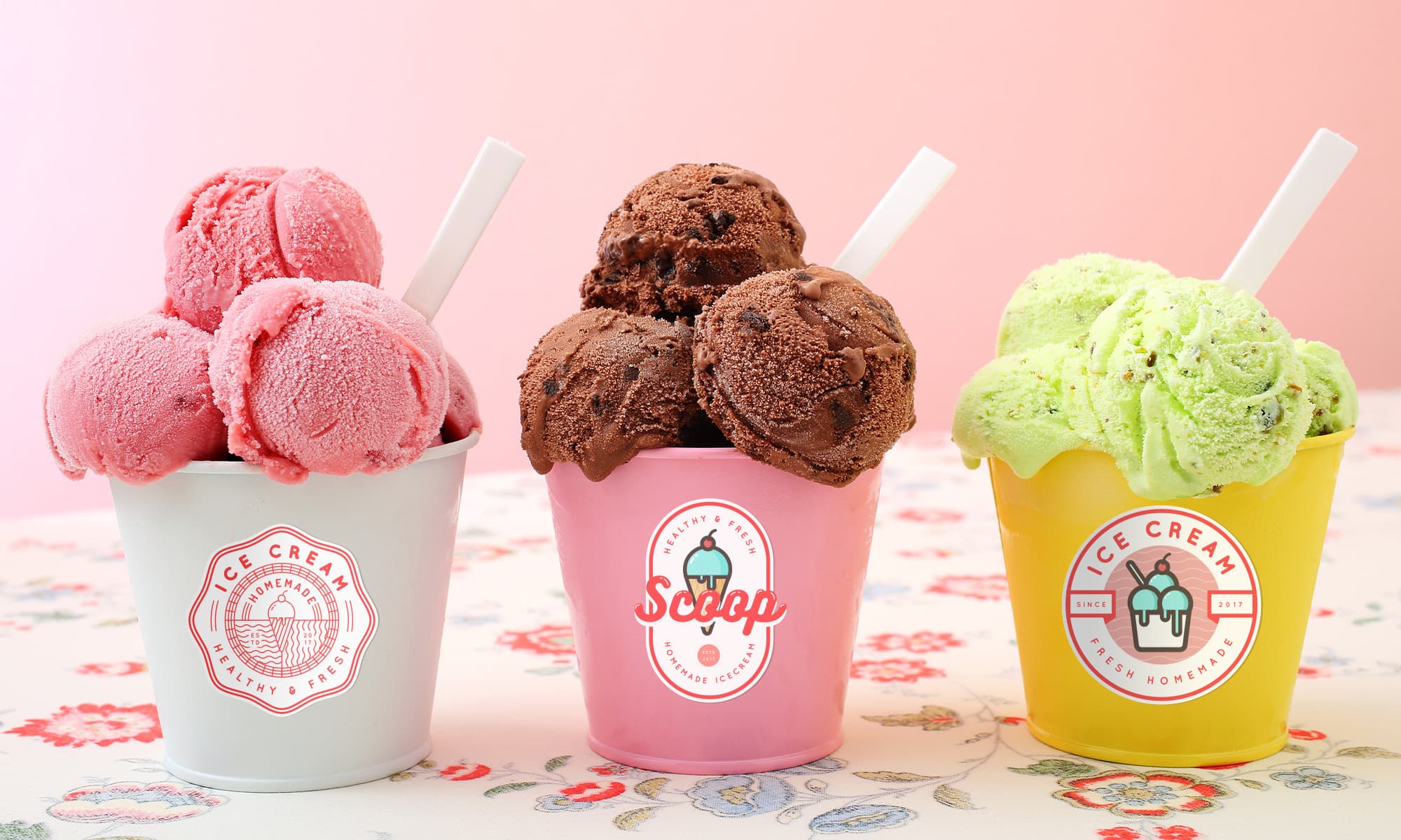 Multiple flavours of ice cream in containers with different coloured food label designs