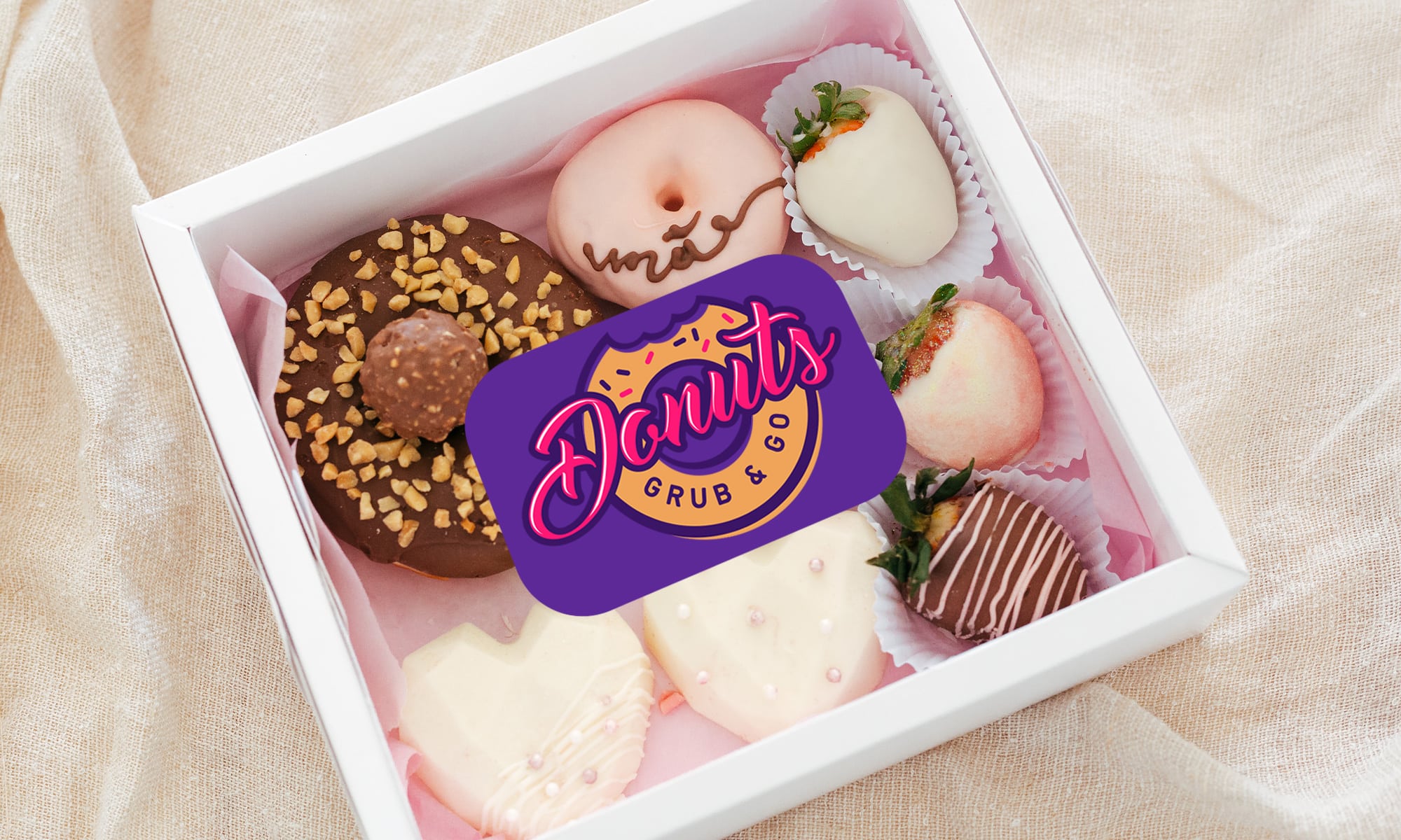 Donut box with purple die cut stickers