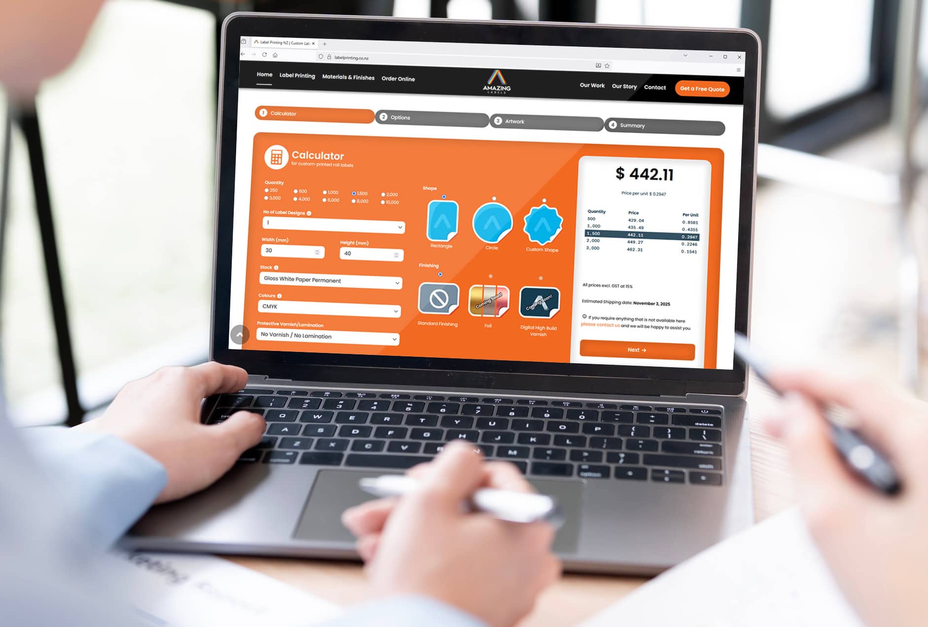 Amazing Labels’ instant label calculator showing real-time pricing and custom product label options for New Zealand businesses.